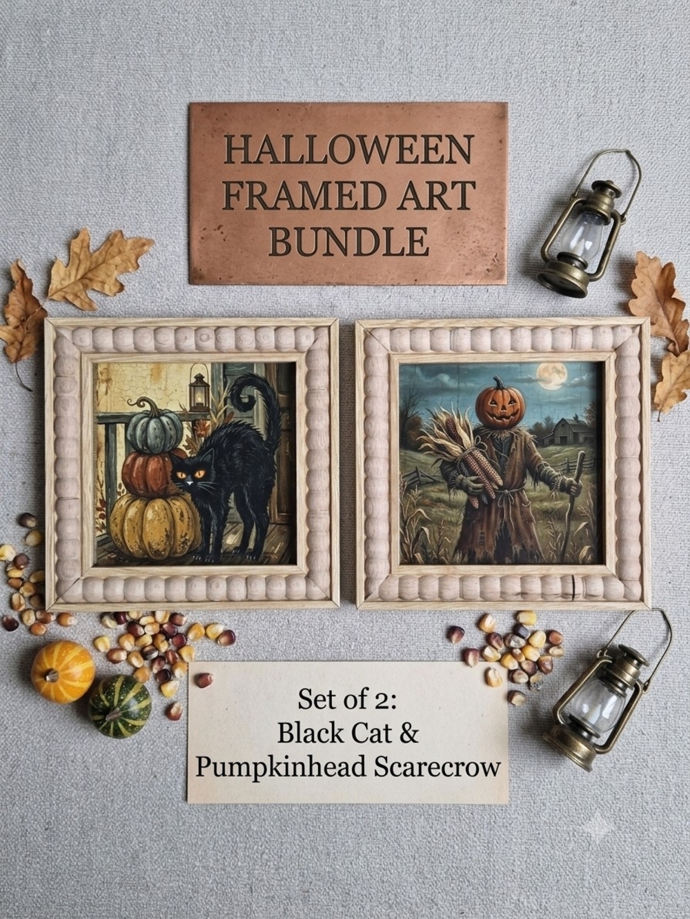 Hand Crafted Beige Framed Halloween Art - Black Cat & Pumpkinhead